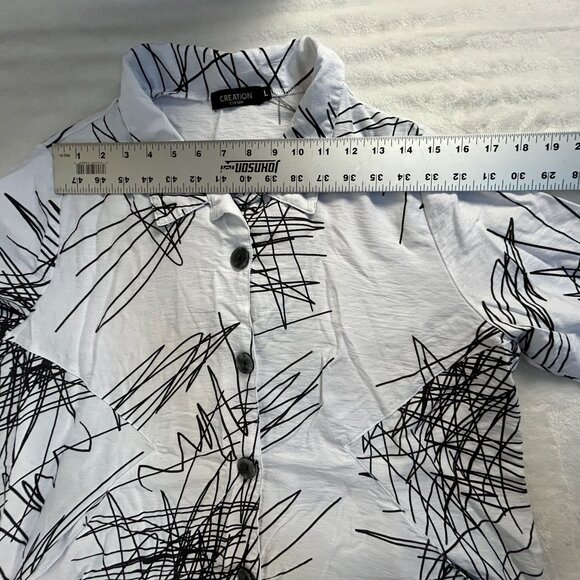 Creation Womens White & Black Abstract Print Button-Up Shirt Large 3/4 Sleeve - Picture 7 of 9